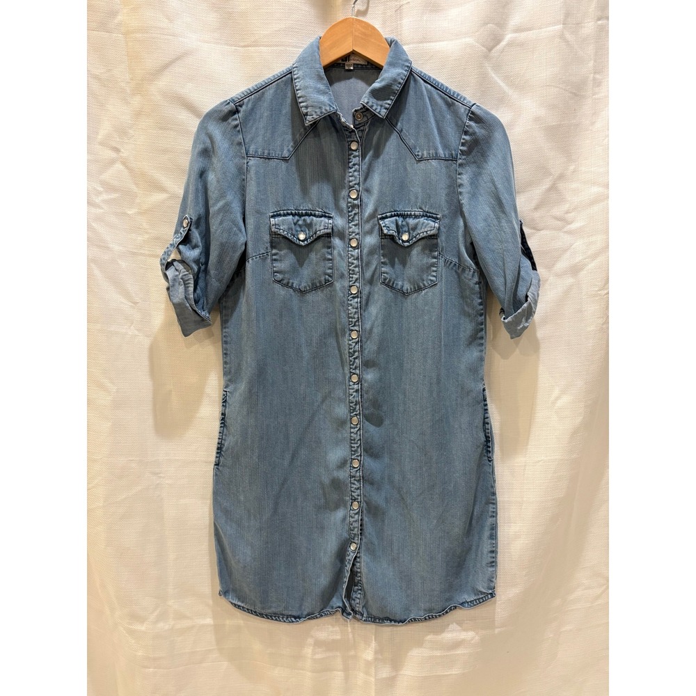 Kut from the Kloth Denim Shirt Dress Light Wash‎ Pearl Snap Roll Tab Sleeve XS